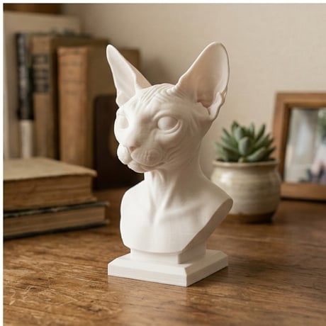 猫（スフィンクス）の3Dプリント胸像 白PLA 彫刻 置物 インテリア