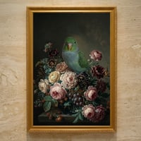 インコ（サザナミインコ）の花に囲まれた油絵風アート A3額装インテリア壁掛け