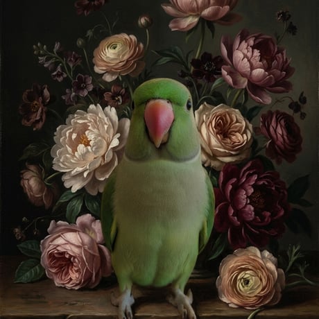 インコ（ワカケホンセイインコ）の花の油絵風アート A3額装インテリア壁掛け