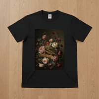 アサヒスズメ半袖Tシャツ 花の油絵風アート ブラック 男女兼用