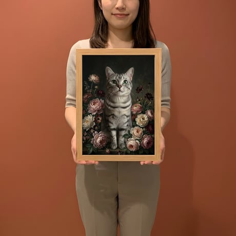 猫（アメリカンショートヘア）の花に囲まれた油絵風アート A4額装インテリア壁掛け