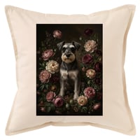 犬（ミニチュアシュナウザー）クッション 45cm 花の油絵風カラーアート