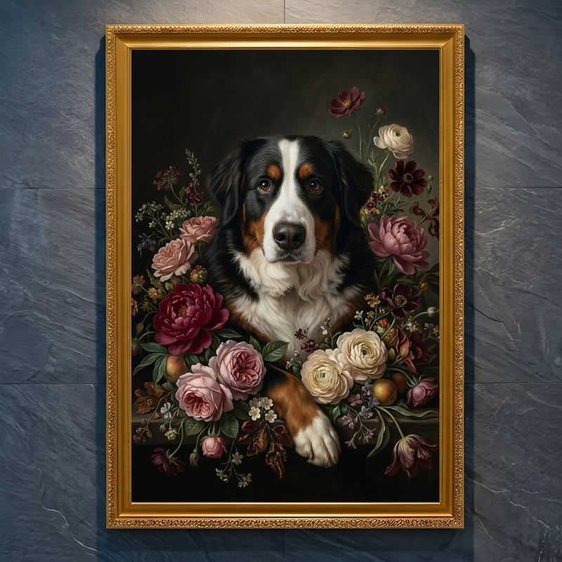 犬（バーニーズマウンテンドッグ）の花の油絵風アート A4金縁額装