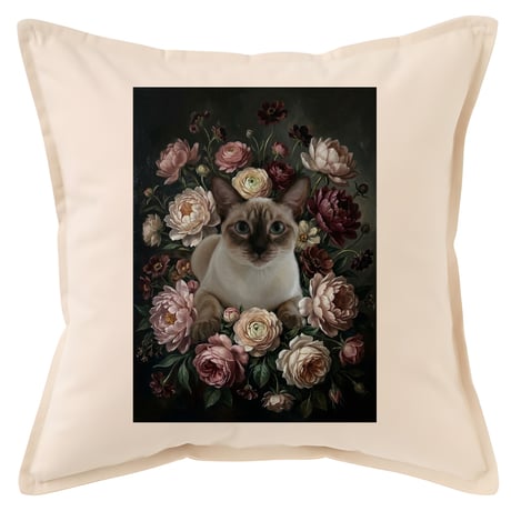 猫（シャム猫）クッション 45cm 花の油絵風カラーアート