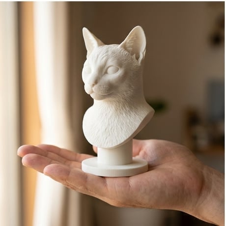 猫（ロシアンブルー）の3Dプリント胸像 白PLA 彫刻 置物 インテリア