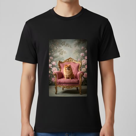 犬（ポメラニアン）半袖Tシャツ ロココ調シャビーピンク ブラック 男女兼用