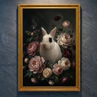 うさぎ（ドワーフホト）の花に囲まれた油絵風アート A4金縁額装インテリア壁掛け