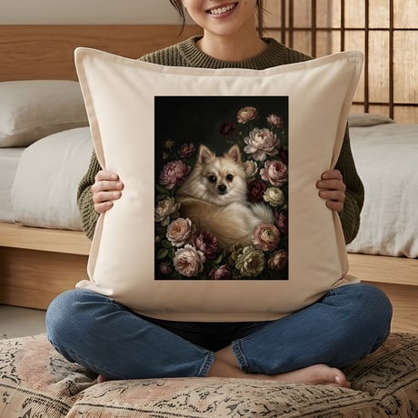 犬（ポメラニアン）クッション 45cm 花の油絵風カラーアート