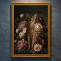 猫（アビシニアン）の花に囲まれた油絵風アート A4金縁額装インテリア壁掛け