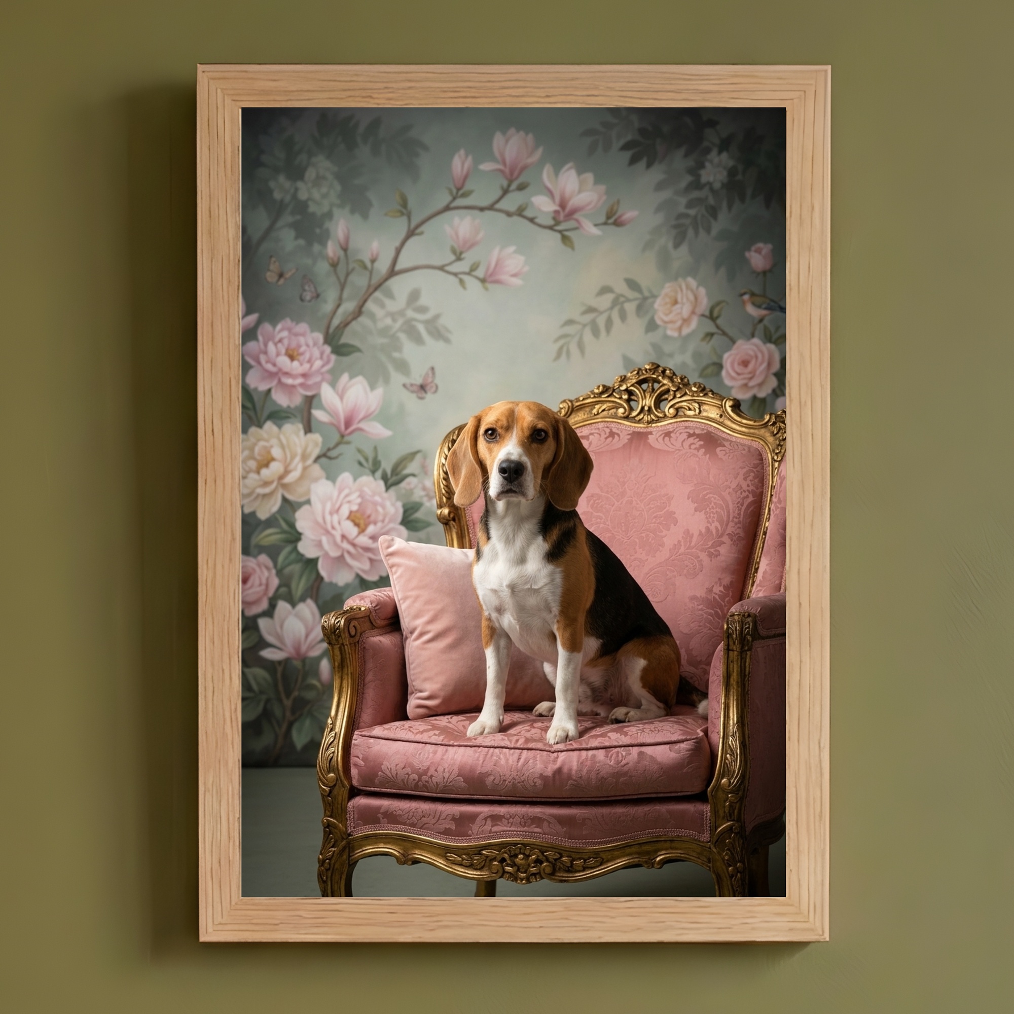 犬（ビーグル）のロココ調シャビーピンクアート A4額装インテリア