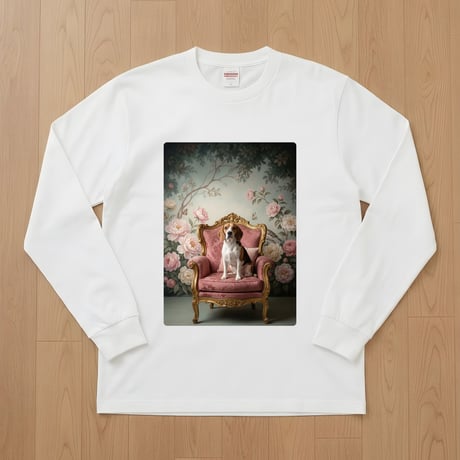 犬（ビーグル）長袖Tシャツ ロココ調シャビーピンク ホワイト 男女兼用