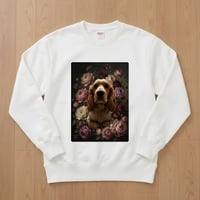 犬（コッカースパニエル）トレーナー 花の油絵風アート ホワイト 男女兼用