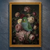 インコ（サザナミインコ）の花に囲まれた油絵風アート A4金縁額装インテリア壁掛け
