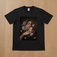 インコ（モモイロインコ）半袖Tシャツ 花の油絵風アート ブラック 男女兼用