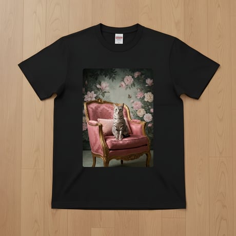 猫（エジプシャンマウ）半袖Tシャツ ロココ調シャビーピンク ブラック 男女兼用