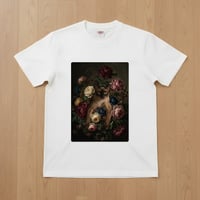 猫（バーミーズ）半袖Tシャツ 花の油絵風アート ホワイト 男女兼用