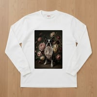 犬（ボストンテリア）長袖Tシャツ 花の油絵風アート ホワイト 男女兼用