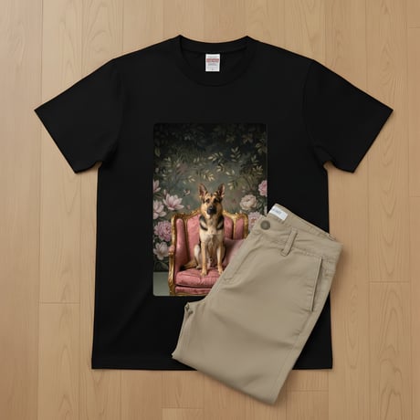 ジャーマンシェパード半袖Tシャツ ロココ調シャビーピンク ブラック 男女兼用