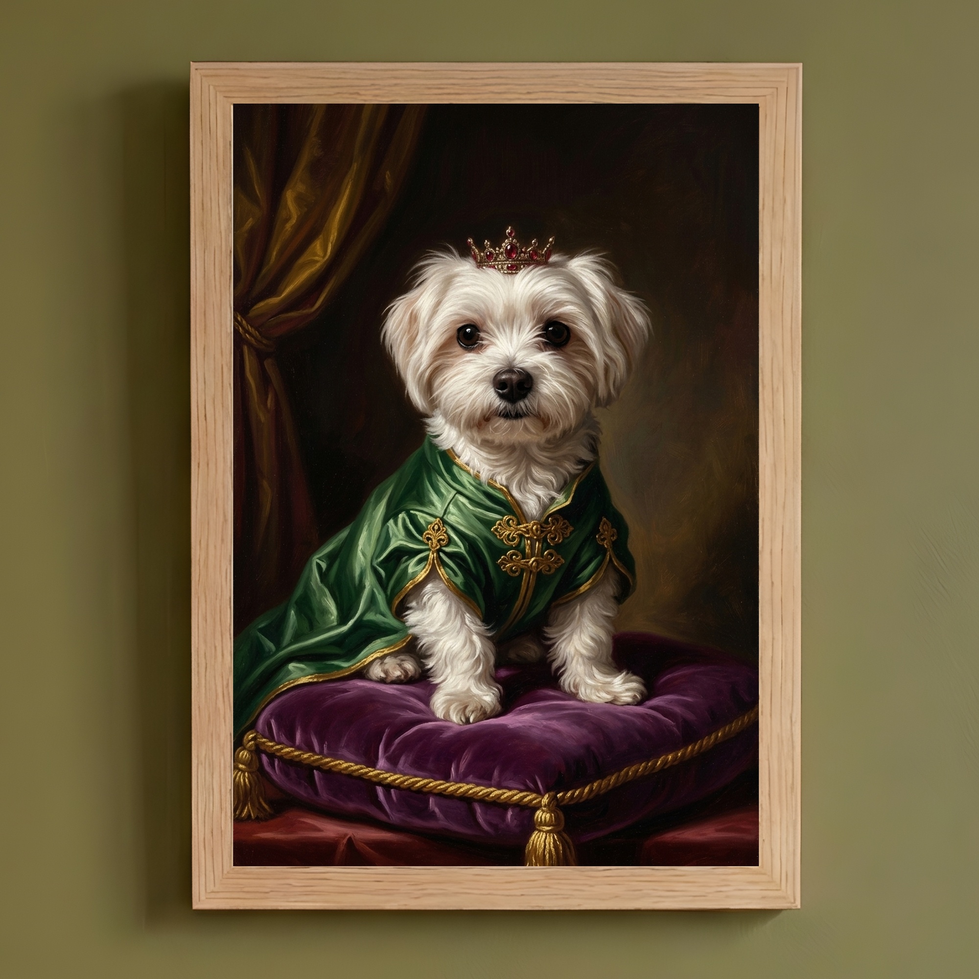 犬（マルチーズ）のルネサンス風肖像画 油絵風アートA4額装インテリア