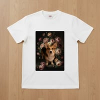 犬（コーギー）半袖Tシャツ 花の油絵風アート ホワイト 男女兼用