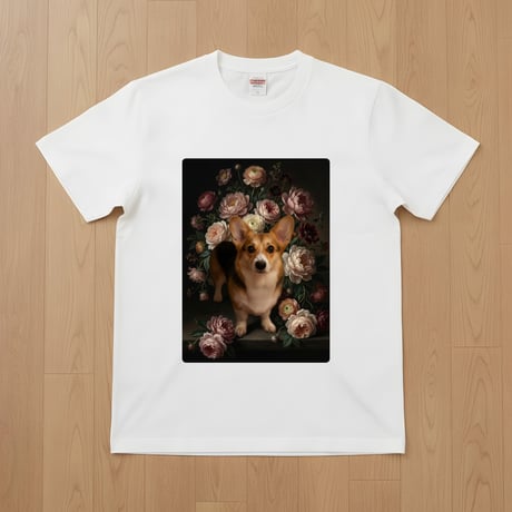 犬（コーギー）半袖Tシャツ 花の油絵風アート ホワイト 男女兼用