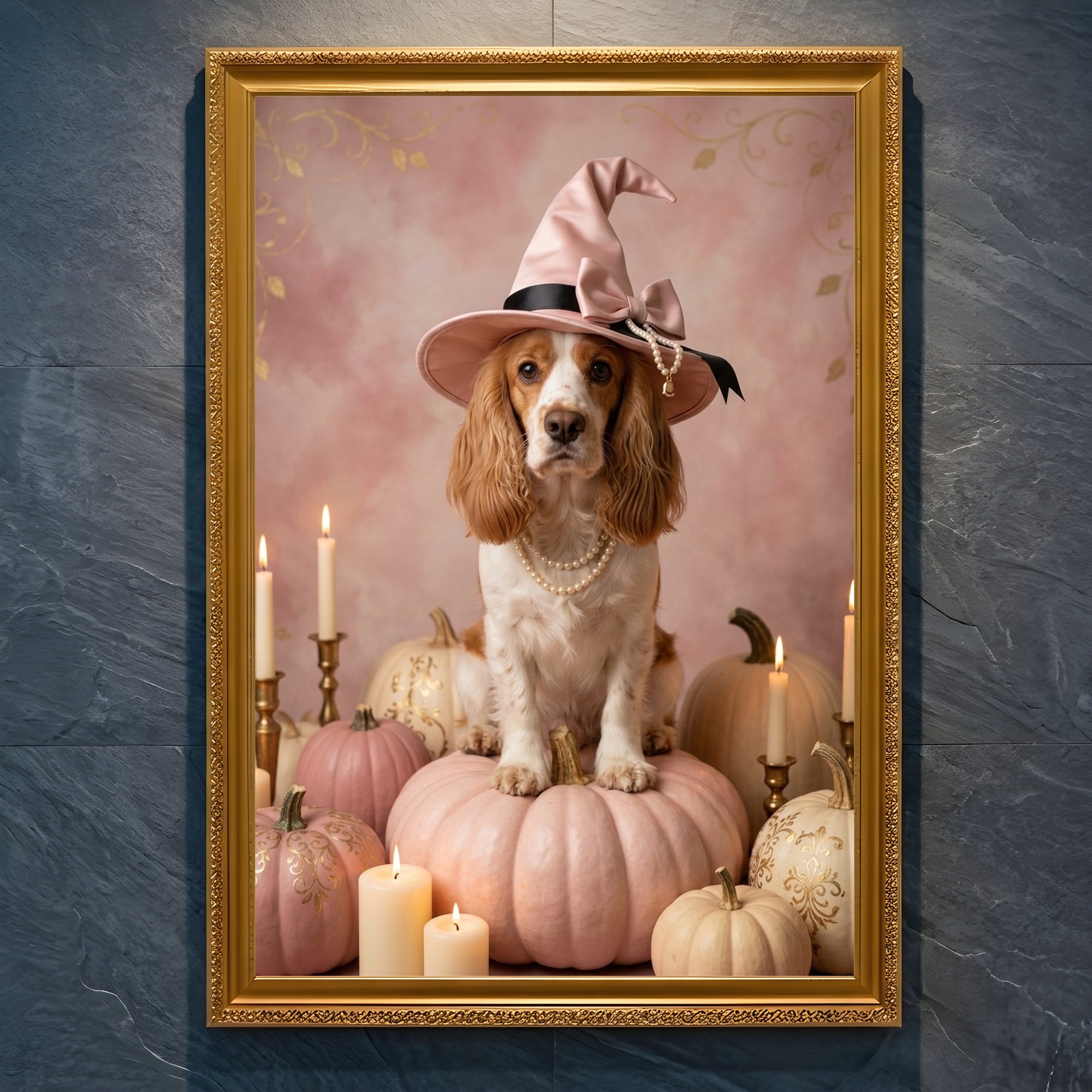 犬（コッカースパニエル）のハロウィン限定アート A4金縁額装