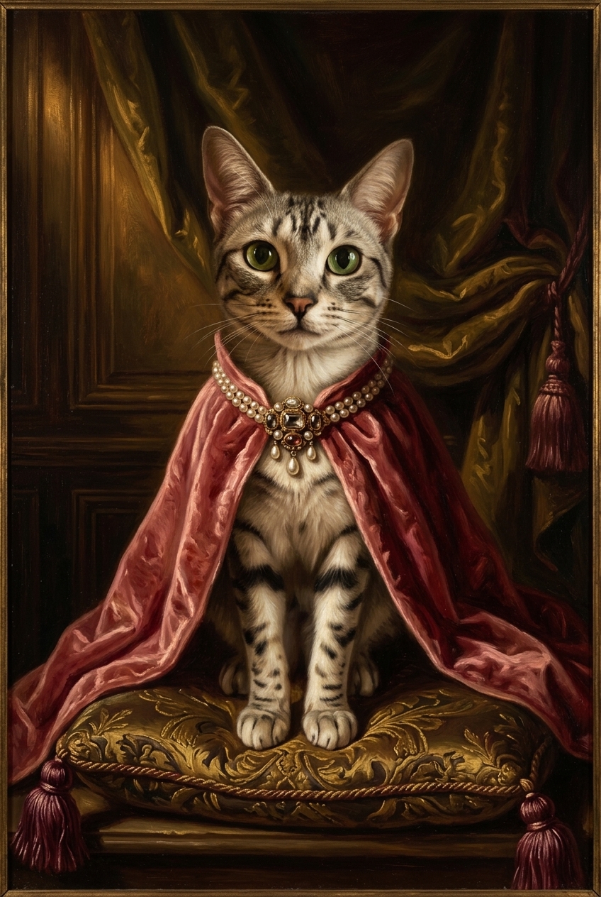 猫（エジプシャンマウ）のルネサンス風肖像画 A4金縁額装インテリア