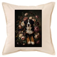 犬（バーニーズマウンテンドッグ）クッション 45cm 花の油絵風カラーアート