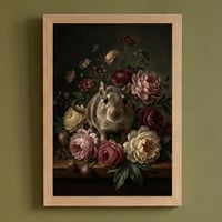 デグーの花に囲まれた油絵風アート A4額装インテリア壁掛け