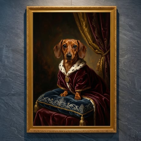 犬（ミニチュアダックスフンド）のルネサンス風肖像画 A4金縁額装インテリア壁掛け