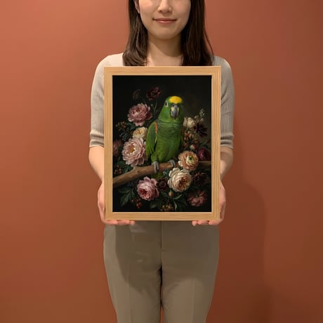 インコ（キエリボウシインコ）の花に囲まれた油絵風アート A4額装インテリア壁掛け