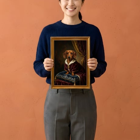 犬（ミニチュアダックスフンド）のルネサンス風肖像画 A4金縁額装インテリア壁掛け