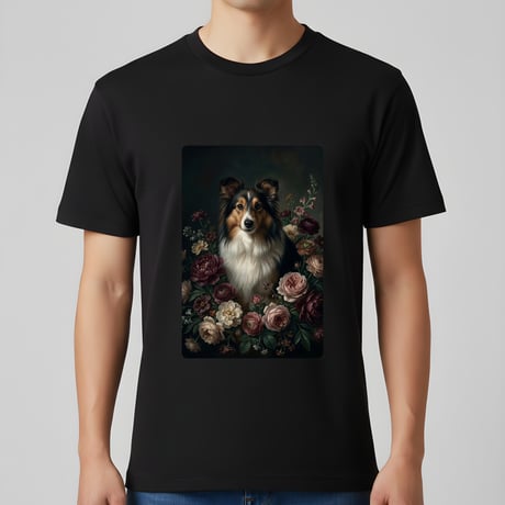 シェットランドシープドッグ半袖Tシャツ 花の油絵風アート ブラック 男女兼用