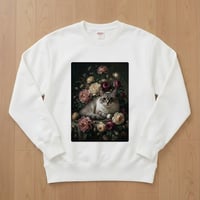 猫（ラグドール）トレーナー 花の油絵風アート ホワイト 男女兼用