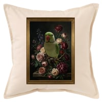 インコ（インドオオハナインコ）クッション 45cm 花の油絵風カラーアート