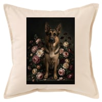 犬（ジャーマンシェパード）クッション 45cm 花の油絵風カラーアート
