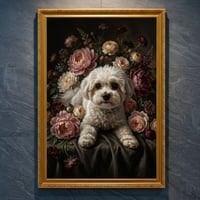 犬（マルチーズ）の花に囲まれた油絵風アート A4金縁額装インテリア壁掛け