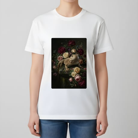 イグアナ（サバクイグアナ）半袖Tシャツ 花の油絵風アート ホワイト 男女兼用