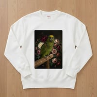 インコ（キエリボウシインコ）トレーナー 花の油絵風アート ホワイト 男女兼用