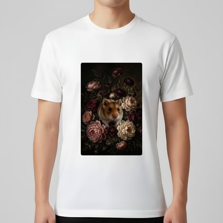 キャンベルハムスター半袖Tシャツ 花の油絵風アート ホワイト 男女兼用