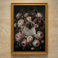 猫（シャム猫）の花に囲まれた油絵風アート A3額装インテリア壁掛け