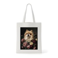 犬（ポメラニアン）トートバッグ 花の油絵風アート キャンバス地