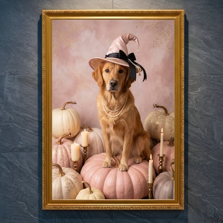 犬（ゴールデンレトリバー）のハロウィン限定アート A4金縁額装インテリア壁掛け
