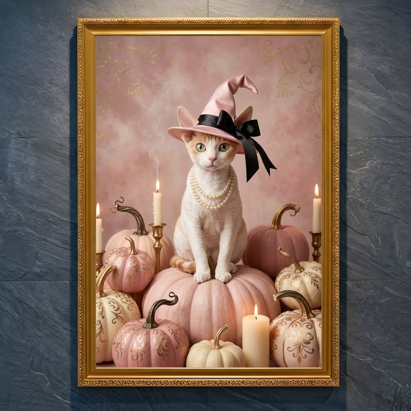 猫（デボンレックス）のハロウィン限定アート A4金縁額装インテリア
