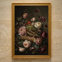アサヒスズメの花に囲まれた油絵風アート A3額装インテリア壁掛け