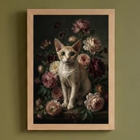 猫（デボンレックス）の花に囲まれた油絵風アート A4額装インテリア壁掛け