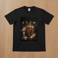 猫（ソマリ）半袖Tシャツ 花の油絵風アート ブラック 男女兼用