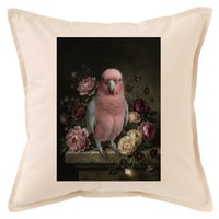 インコ（モモイロインコ）クッション 45cm 花の油絵風カラーアート