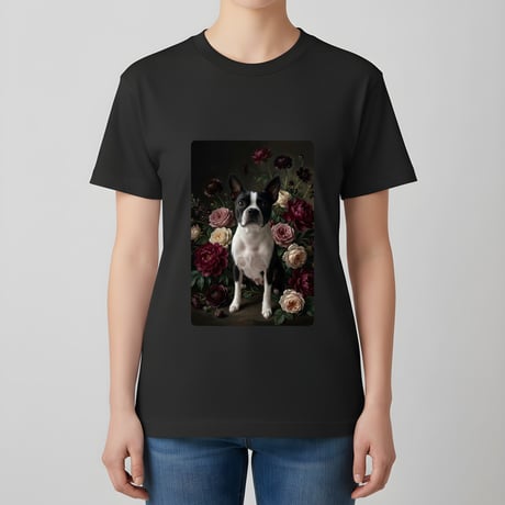 犬（ボストンテリア）半袖Tシャツ 花の油絵風アート ブラック 男女兼用
