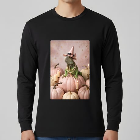 イグアナ（グリーンイグアナ）長袖Tシャツ ハロウィン限定 ブラック 男女兼用